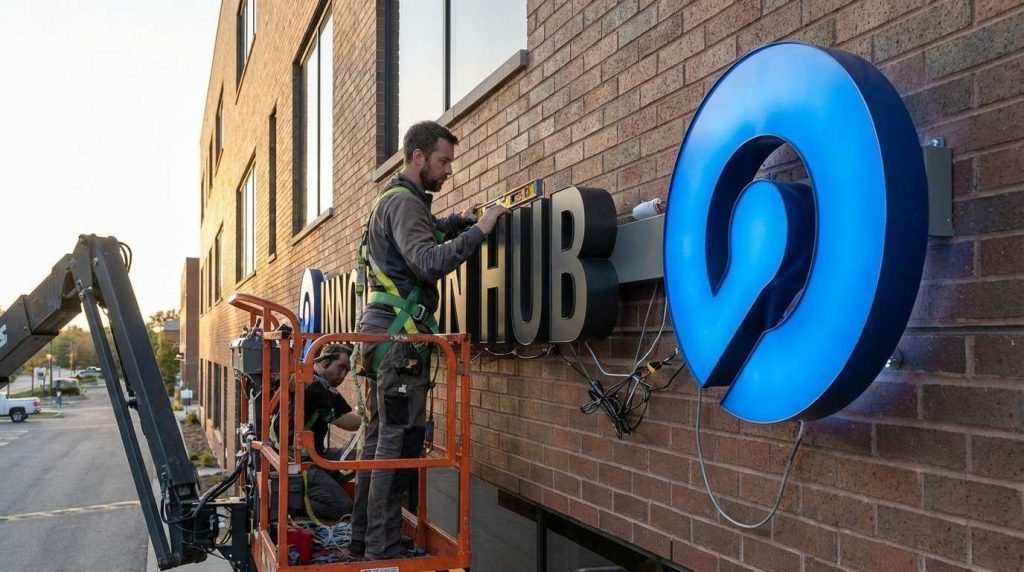 3d sign and 3d illuminated letters: Which One Is Best for Your Business in 2026? 2 Professional installer mounting 3d sign and 3d illuminated letters on a commercial building, ensuring precision cut letters and proper LED placement.