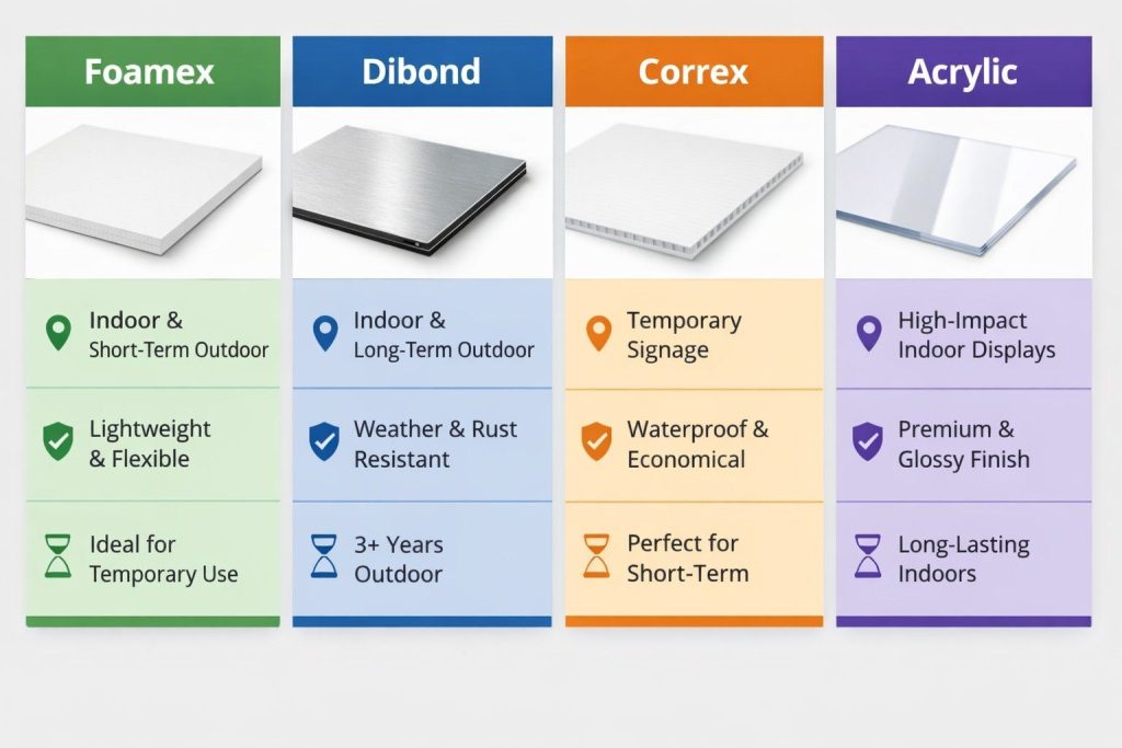 Printing Signs Supplies: Essential Materials & Tools Explained 1 Infographic comparing common signage materials including Foamex, Dibond, Correx, and acrylic for indoor and outdoor use and durability.