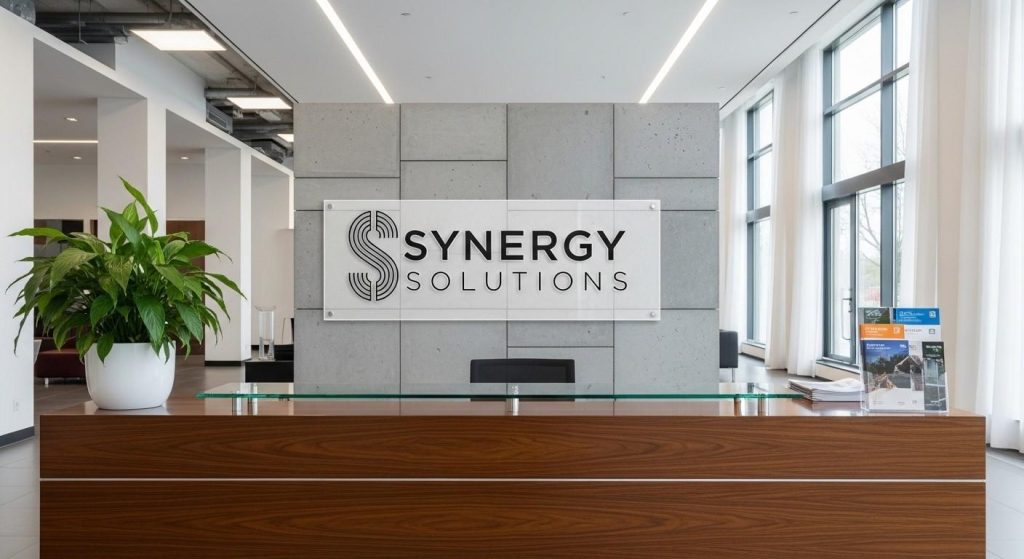 Clear acrylic business sign with company logo mounted on a sleek reception desk in a modern office space with bright lighting.
