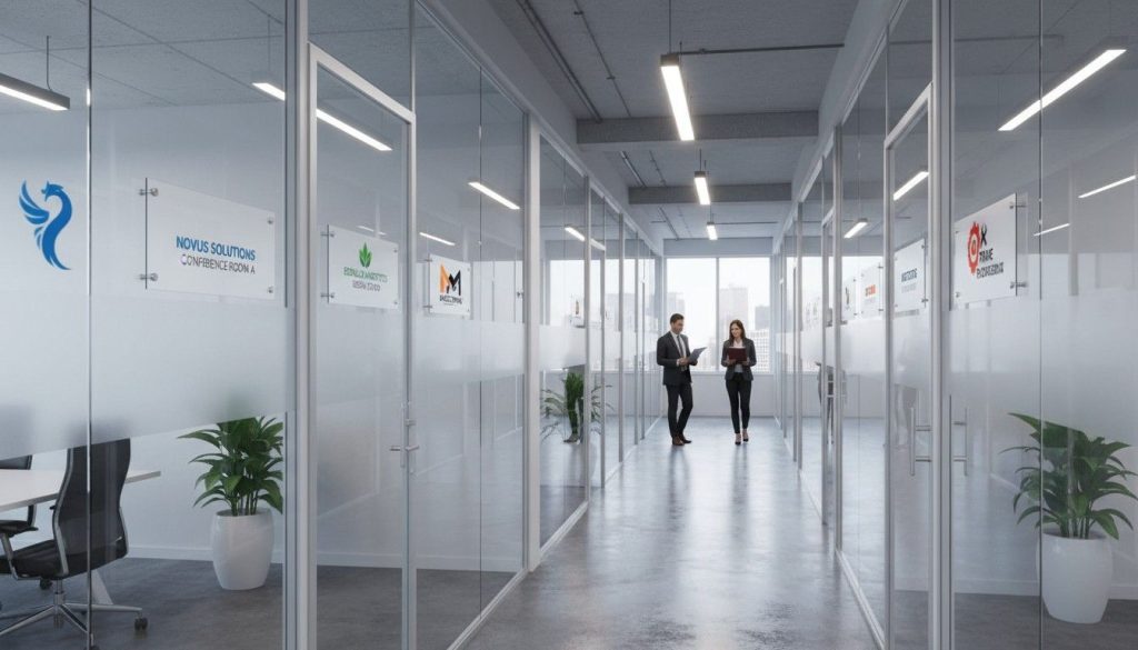 How Acrylic Door Signs Improve Navigation & Branding 2 Variety of acrylic office door signs displaying logos and room names along a modern office corridor, enhancing branding and wayfinding.