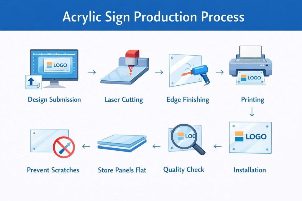 Why Acrylic Business Signs Are Perfect for Offices, Shops & Clinics 1 ( Infographic illustrating the production steps: design submission, laser cutting, edge finishing, printing with white ink, quality check, and installation. )acrylic business sign