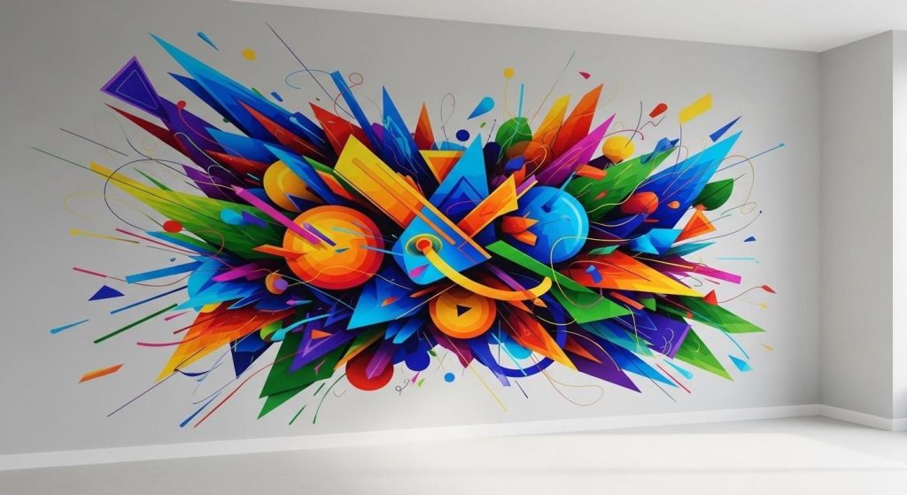 Office Wall Art Guide: How to Boost Creativity and Productivity of Your Workplace 2 Bold abstract office wall art print displayed in a contemporary office, with natural light from a nearby window illuminating the artwork and enhancing colour and depth.