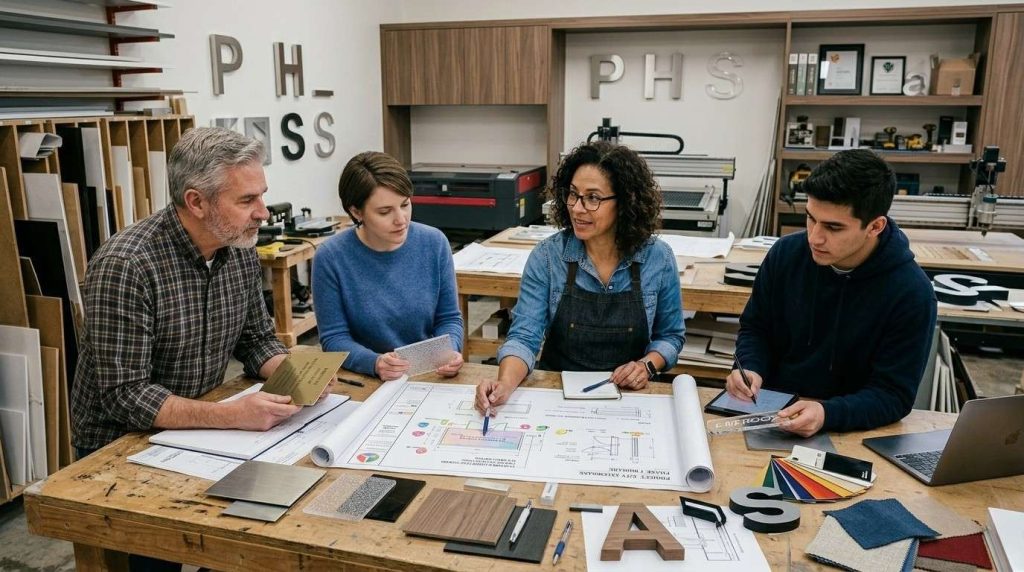 How to Choose a Promotional Displays & Signage Company in 2026 6 Professional signage company team reviewing design plans and sample materials for custom signs and business signage.