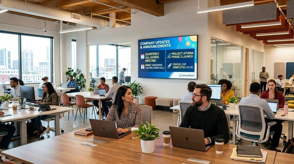 Corporate Digital Signage: Improving Internal Communication & Brand Messaging 7 A modern UK office environment with corporate digital signage displaying company news and internal announcements on a digital screen.