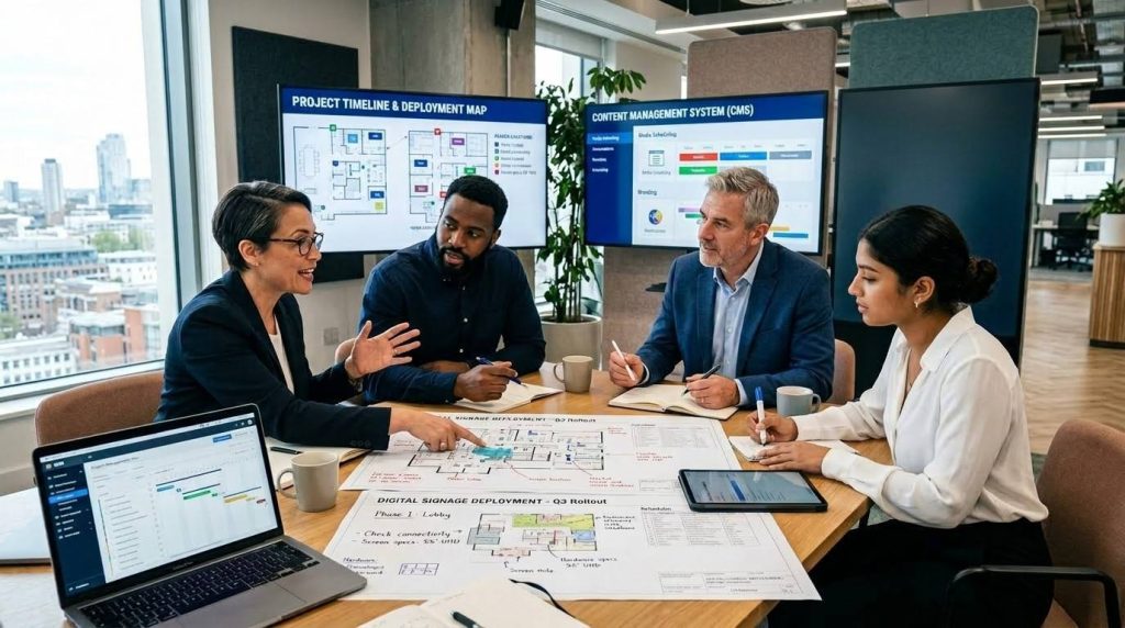 Corporate Digital Signage: Improving Internal Communication & Brand Messaging 2 Business team reviewing plans for corporate digital signage installation in an office environment, ensuring effective placement and layout.