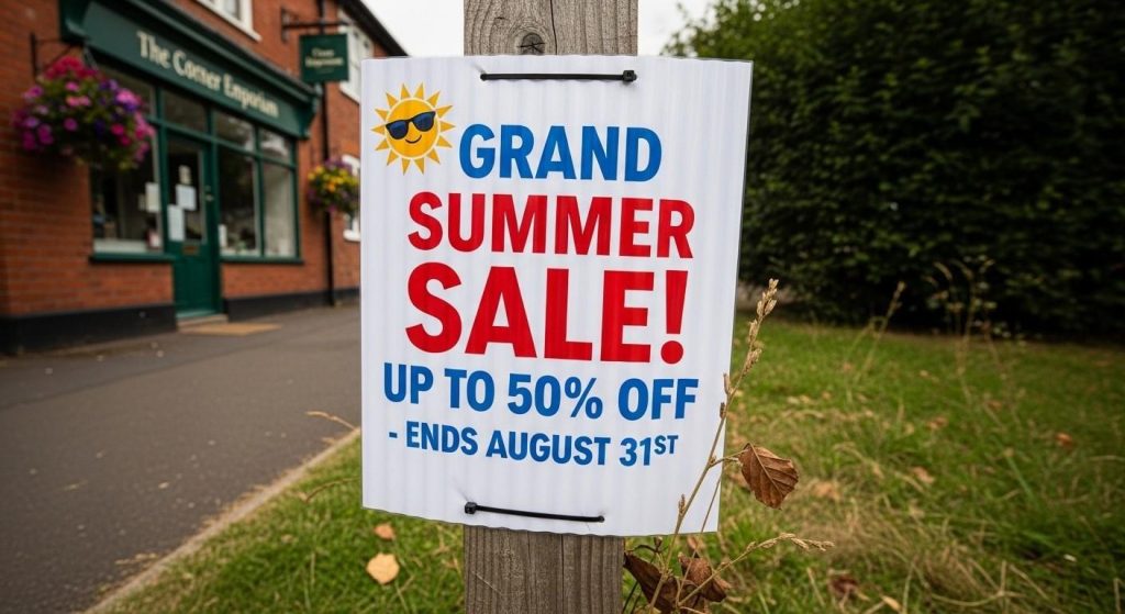 Sign Printing Explained: Methods, Materials & When to Use Each 2 Temporary outdoor Correx sign installed on a post outside a UK business for a special promotion