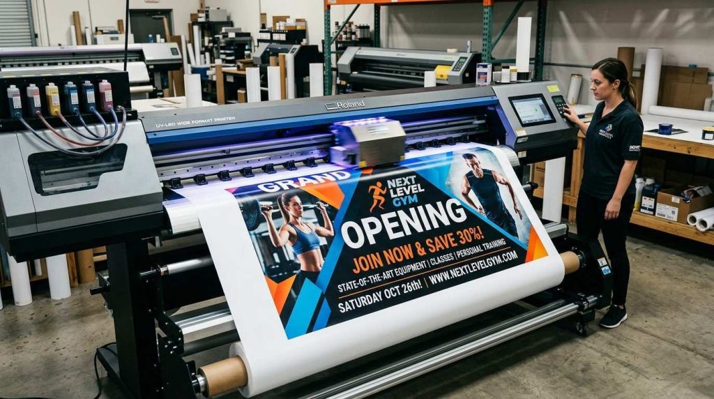 Promotional Banners & Signs: Choosing the Right Option for Campaign Success 1 Custom printed PVC promotional banner being produced on a large format printer, showing vibrant colours and professional quality.