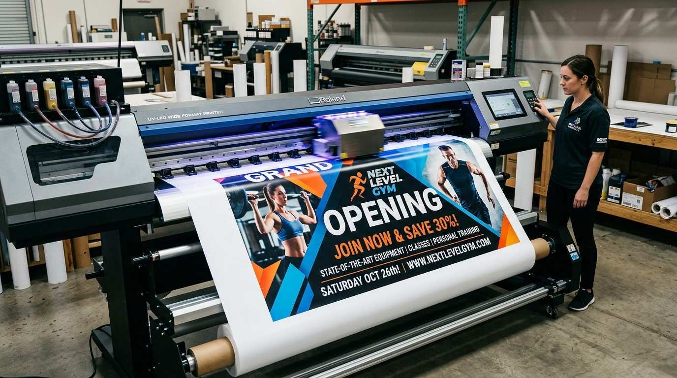 Custom printed PVC promotional banner being produced on a large format printer, showing vibrant colours and professional quality.