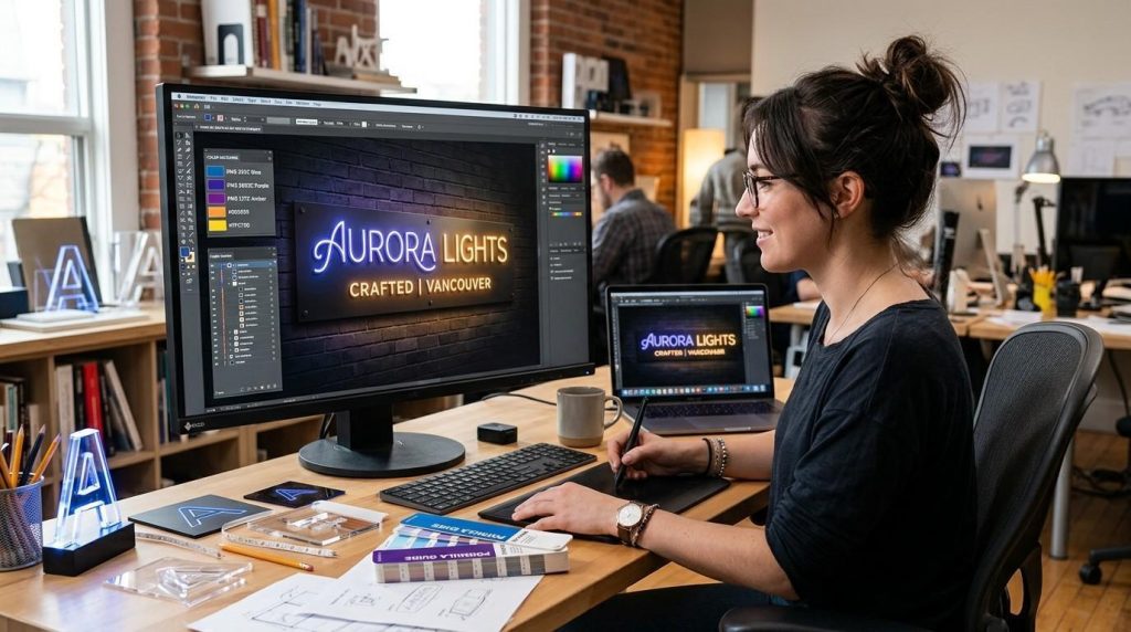Understanding Backlit Signage for Maximum Visibility 2 Designer preparing a custom backlit signage mockup with LED lighting and brand colour matching for a business logo.