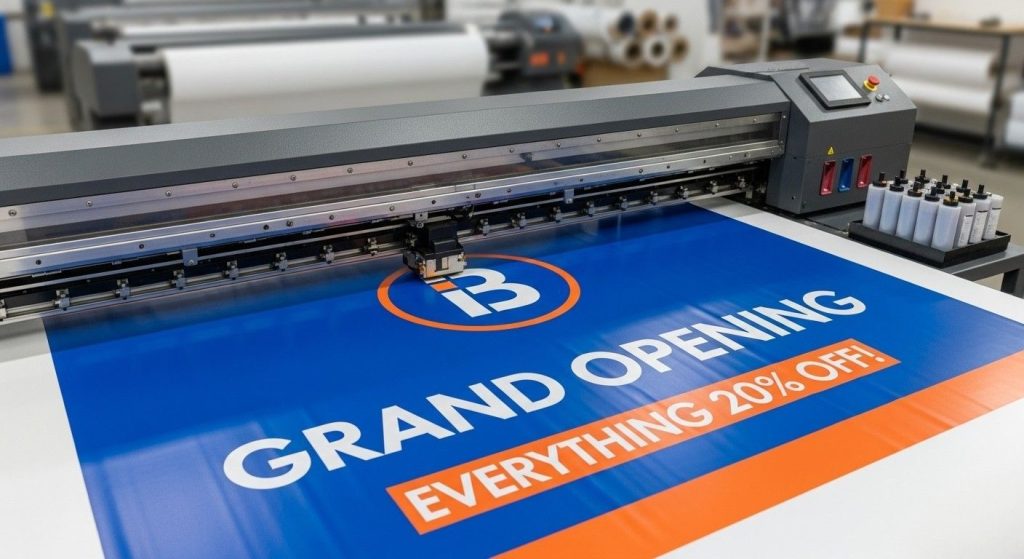 Sign Printing Explained: Methods, Materials & When to Use Each 1 Wide-format printer printing a large banner for indoor retail display with brand colours and logo visible.