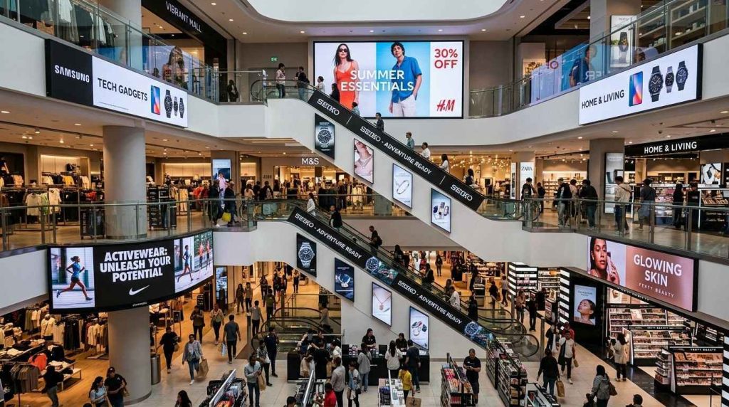 What Businesses Should Know About Digital Signage Companies Before Investing 1 Shopping mall interior featuring multiple commercial digital displays showing dynamic promotional content across different screens.