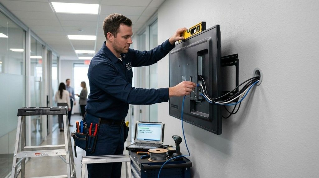 What Businesses Should Know About Digital Signage Companies Before Investing 2 Technician professionally installing a wall-mounted digital display, ensuring proper alignment, wiring, and connectivity.