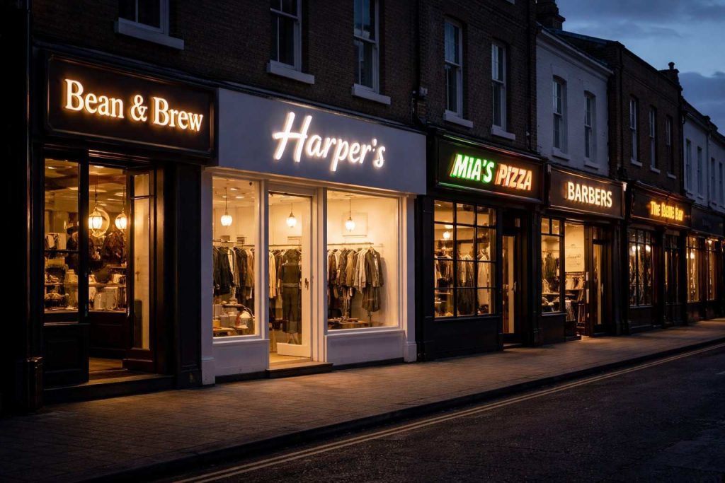 Illuminated Signs for Businesses: Light Boxes, Neon & LED Signs Compared 6 UK high street shop with illuminated signs showing LED and lightbox signage visible at dusk for better visibility and branding.