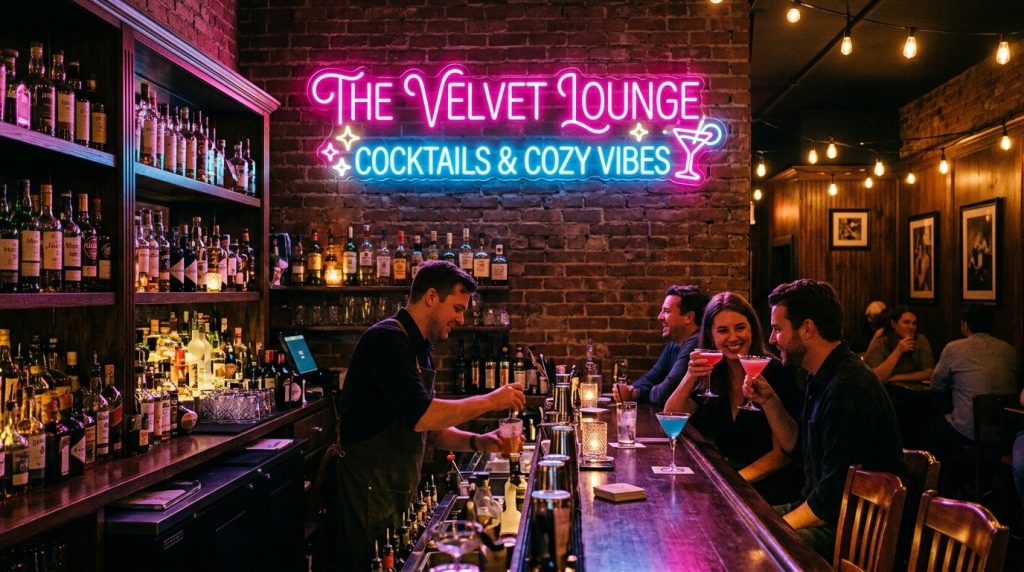 Neon Signs UK: Traditional Glass vs Modern LED Alternatives 1 Vibrant custom LED neon bar sign glowing above a small bar, creating a cosy and stylish atmosphere with bright pink and blue colours.
