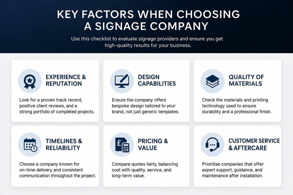 How to Choose a Promotional Displays & Signage Company in 2026 1 Checklist infographic illustrating key factors for selecting a signage company, including experience, materials, design, pricing, and customer service.