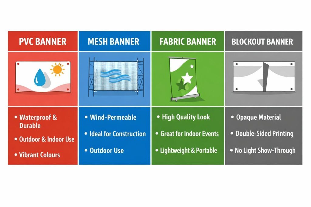 Promotional Banners & Signs: Choosing the Right Option for Campaign Success 2 (Infographic comparing promotional banner materials: PVC, mesh, fabric, and blockout, highlighting indoor/outdoor use, durability, and appearance quality.)promotional banners