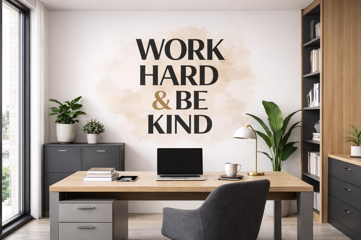 Modern office featuring a wooden desk with a laptop, books, plants, and a motivational office wall art print hanging above the workspace, adding personality and focus to the office.