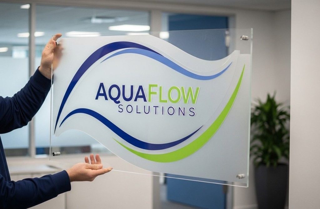 Why Acrylic Business Signs Are Perfect for Offices, Shops & Clinics 2 Laser cut custom acrylic sign in unique shape displaying a company logo, ready for mounting in an office space.
