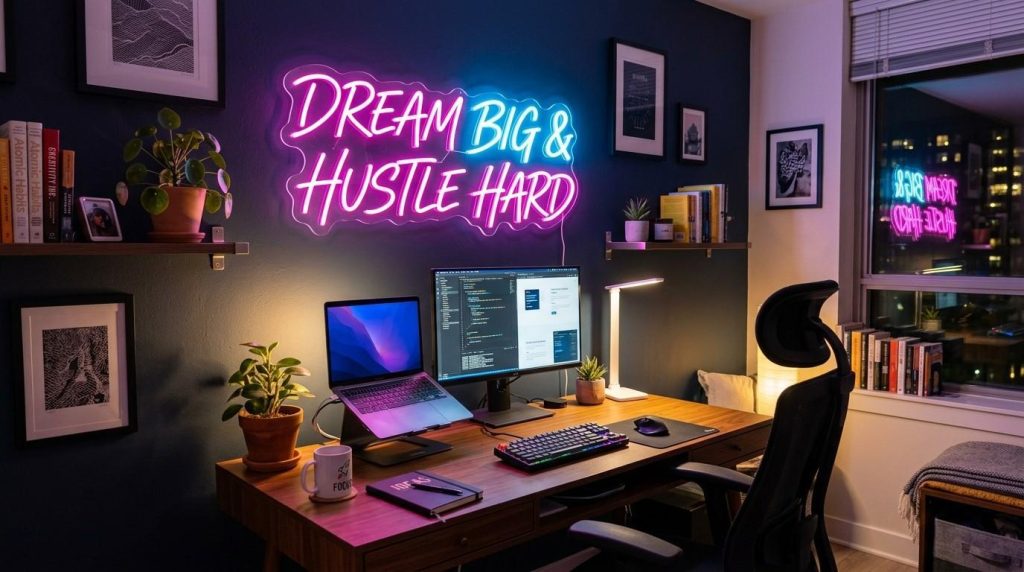 Neon Signs UK: Traditional Glass vs Modern LED Alternatives 5 Custom LED neon sign mounted above a desk in a modern home office, adding a motivational quote and vibrant lighting to the workspace.