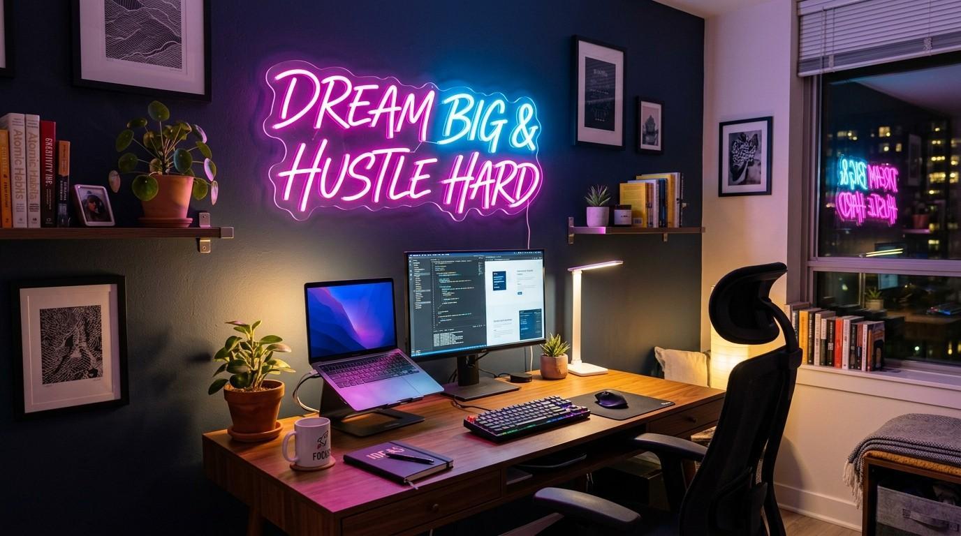 Custom LED neon sign mounted above a desk in a modern home office, adding a motivational quote and vibrant lighting to the workspace.
