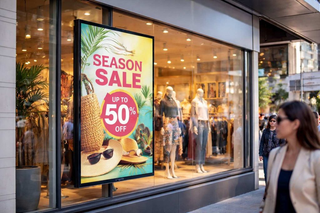 What Businesses Should Know About Digital Signage Companies Before Investing 1 (High brightness digital signage screen mounted on a shop window, clearly visible in bright sunlight with customers passing by.)digital signage companies