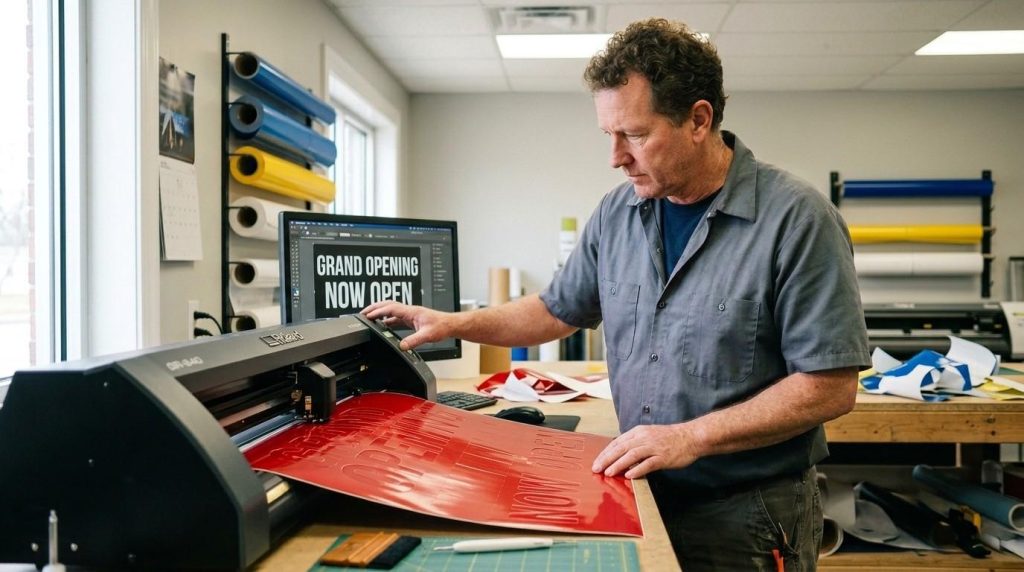 Printing Signs Supplies: Essential Materials & Tools Explained 4 Signage professional operating a digital vinyl cutter to produce precise vinyl lettering demonstrating the use of printed signs supplies.