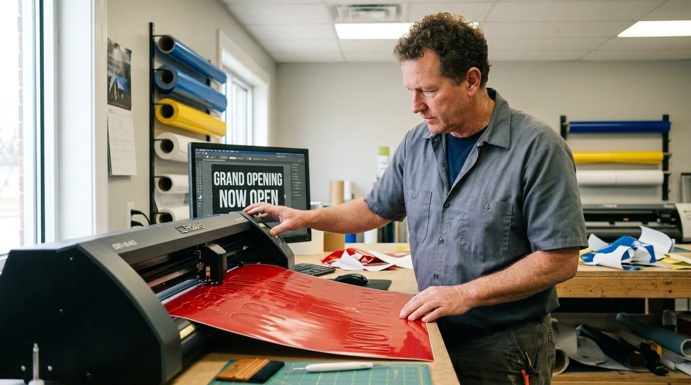 Signage professional operating a digital vinyl cutter to produce precise vinyl lettering demonstrating the use of printed signs supplies.