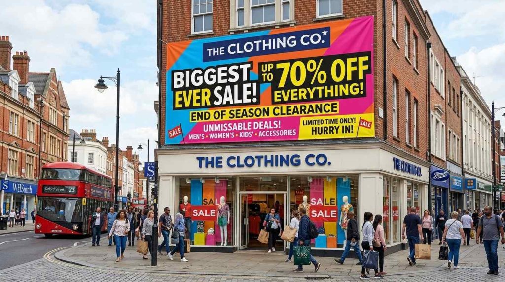 Promotional Banners & Signs: Choosing the Right Option for Campaign Success 9 Large promotional banner on a UK high street shopfront attracting foot traffic, with clear branding and vibrant colours.