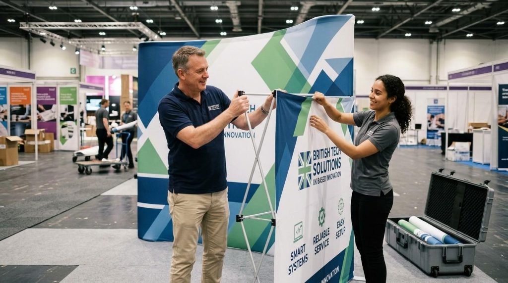 Exhibition Display Stands: A Practical Guide to Types & Engagement Strategies 8 A UK business setting up a portable pop-up exhibition display stand with fabric graphics at a trade show, showing easy assembly and professional design.
