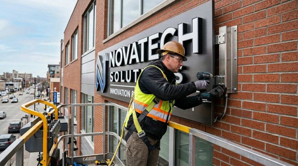 How to Choose a Promotional Displays & Signage Company in 2026 2 Outdoor signage installation showing durable materials and expert workmanship by a UK signage company.