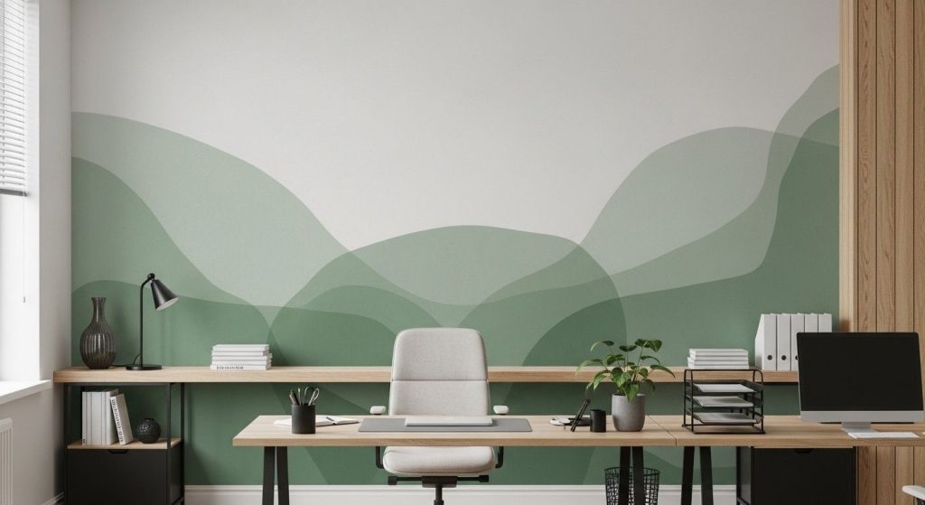 Office Wall Art Guide: How to Boost Creativity and Productivity of Your Workplace 1 (Workspace with calming nature wall art behind the desk, paired with plants and minimal desk accessories to create a relaxed and productive environment.)office wall art