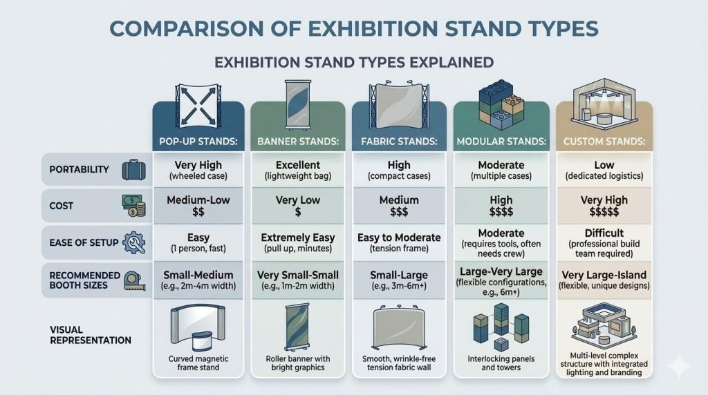 Exhibition Display Stands: A Practical Guide to Types & Engagement Strategies 1 ( Infographic comparing exhibition stand types including pop-up, banner, fabric, modular, and custom stands with cost, setup, and booth size guidance.) exhibition display stands