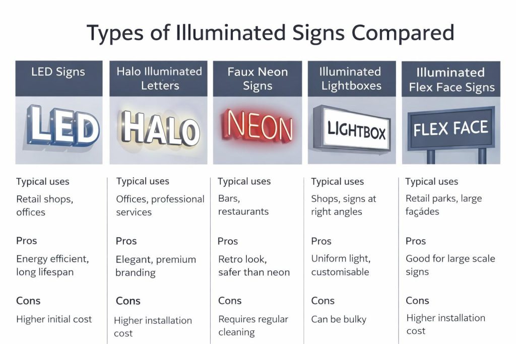 Illuminated Signs for Businesses: Light Boxes, Neon & LED Signs Compared 1 (Infographic comparing illuminated sign types including LED signs, halo letters, faux neon, lightboxes and illuminated flex face signs, showing typical uses, pros and cons.)illuminated signs