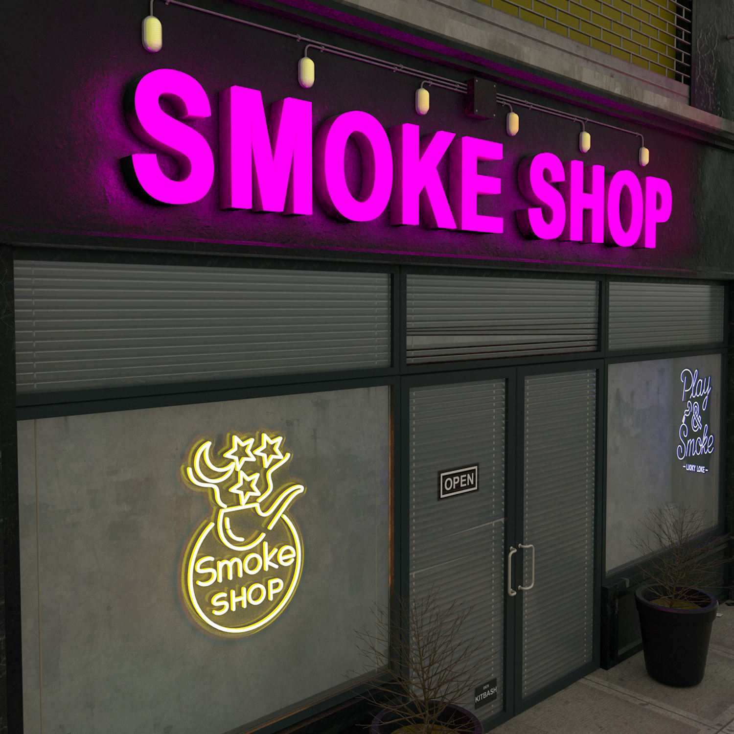 Bright neon sign displaying "Smoke Shop," illuminating the surrounding area with colorful light.