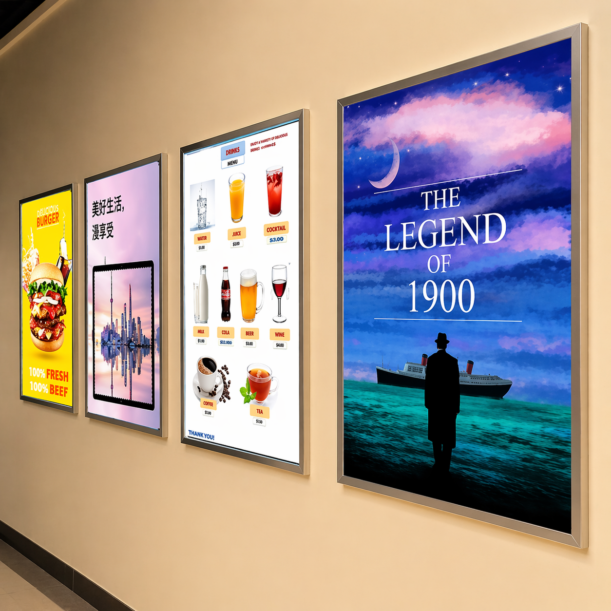 A wall covered with colorful movie posters and images of various drinks, creating a vibrant entertainment atmosphere.