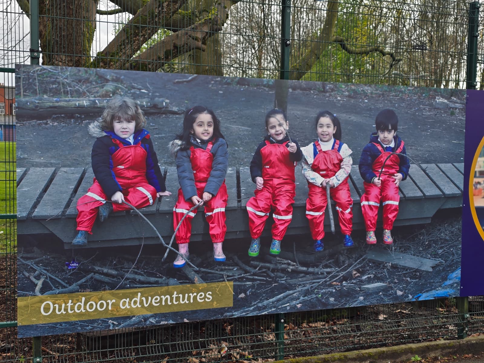 A vibrant outdoor adventure poster featuring children happily sitting on a bench, surrounded by nature.