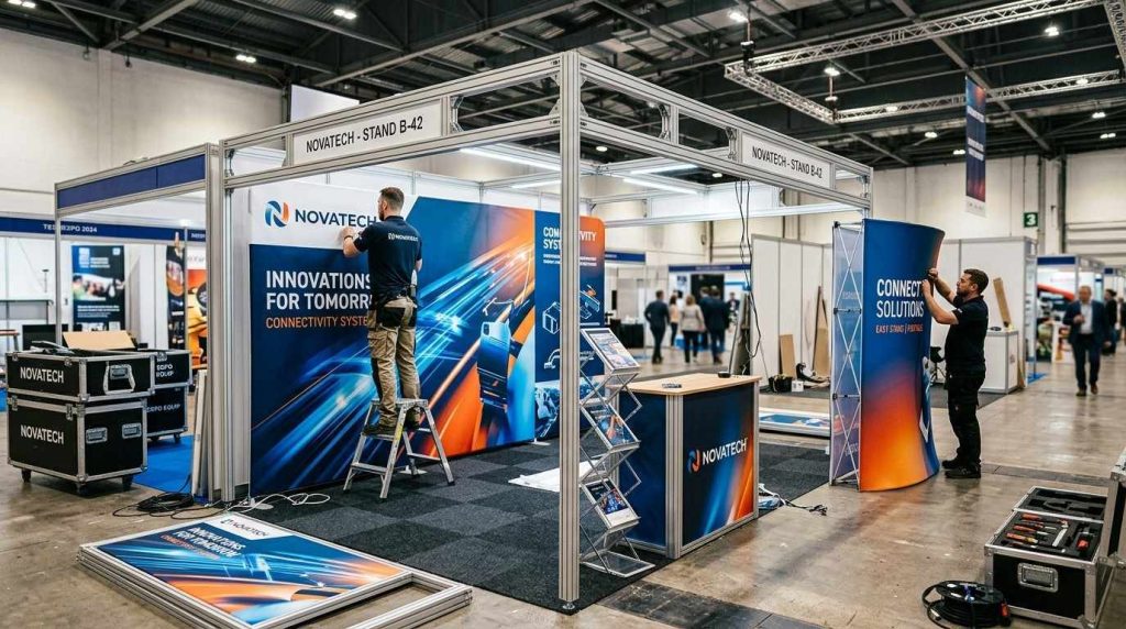 Ultimate Checklist for Planning Your display stands for exhibitions 1 Modern modular exhibition stand being assembled with aluminium frame, printed graphics and pop up exhibition display system.