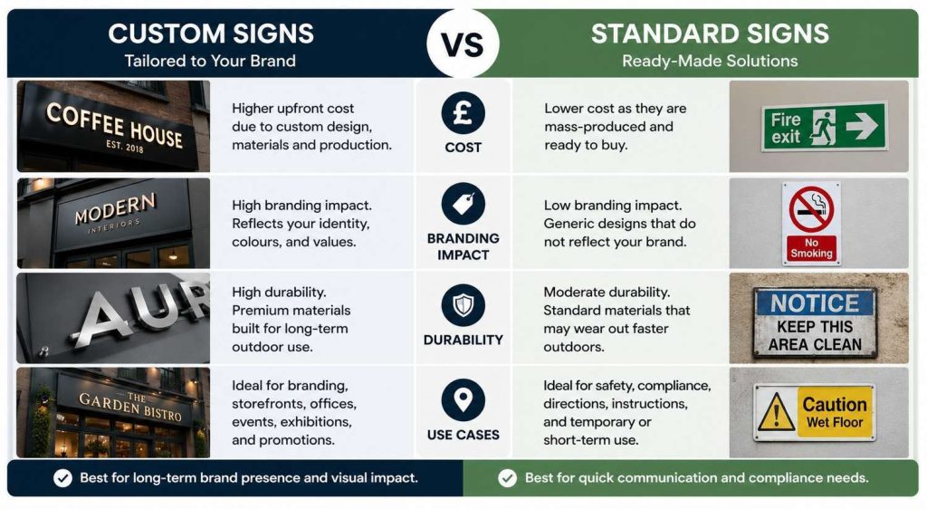  Comparison of custom signs and standard signs showing differences in cost, branding impact, durability, and usage scenarios for UK businesses. 