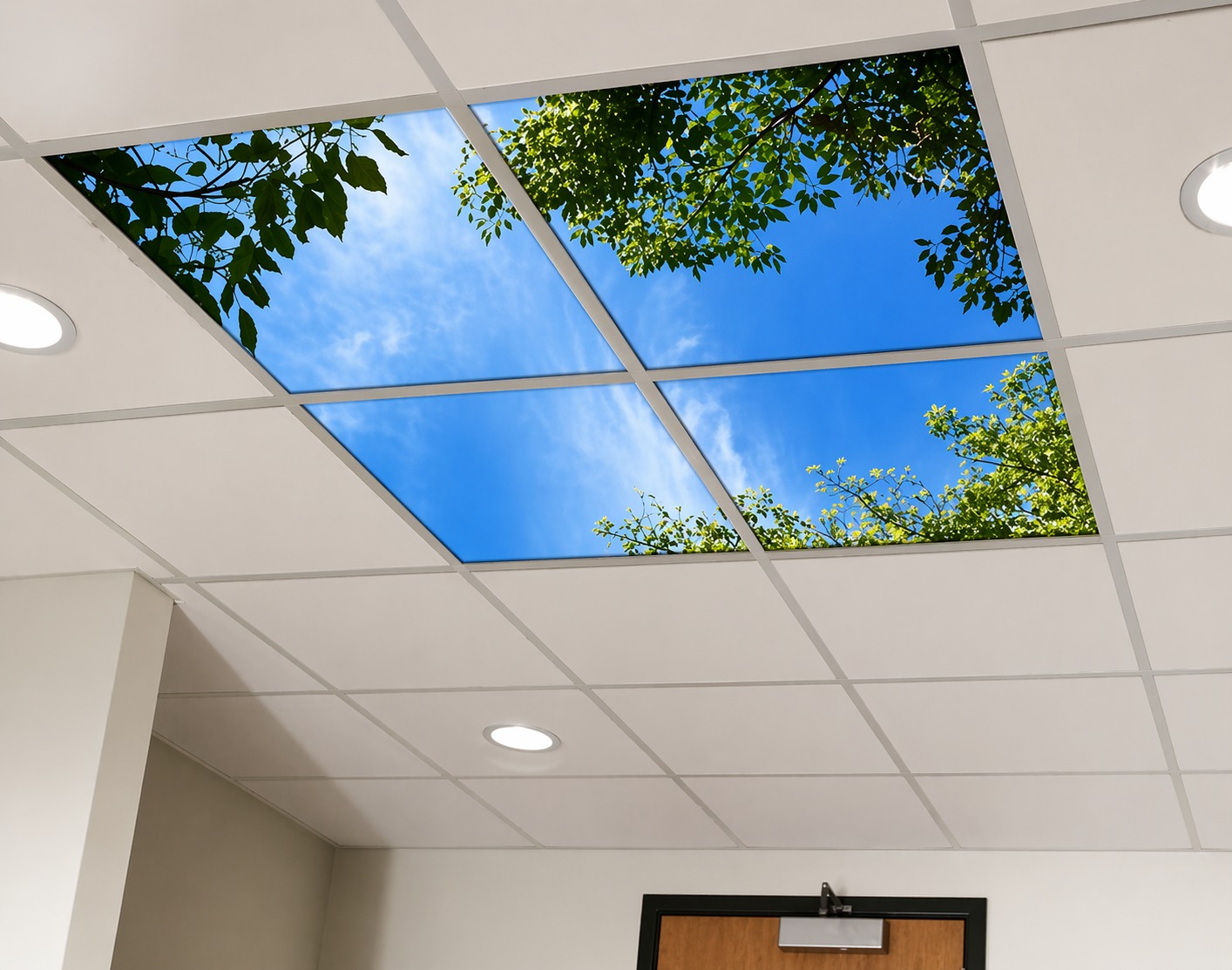 View of a ceiling framed by lush green trees and a bright blue sky peeking through.