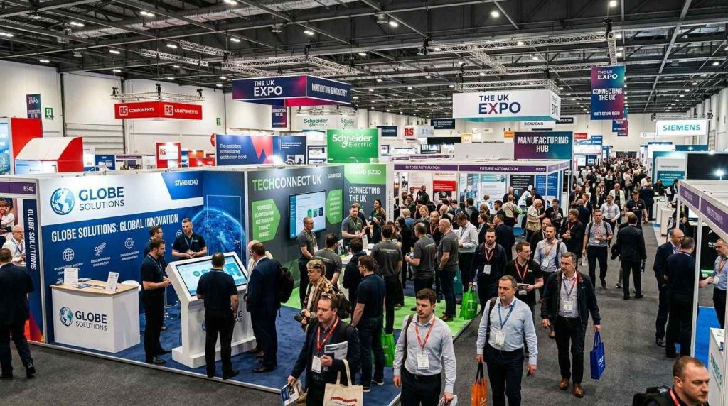 Ultimate Checklist for Planning Your display stands for exhibitions 2 Crowded UK exhibition hall showing multiple exhibition display stands attracting visitors to different trade show booths.