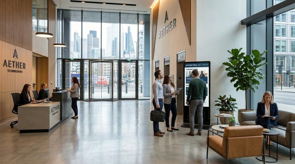 Why More UK Businesses Are Shifting Towards Digital Signage 1 Freestanding digital signage in a corporate office lobby displaying news, updates, and engaging content for visitors.