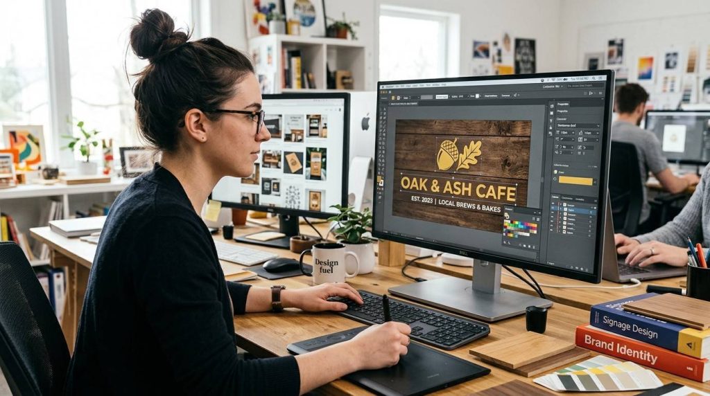 Graphic designer creating custom signs on a computer screen, adjusting fonts, colours, and logo placement for business signage design. 