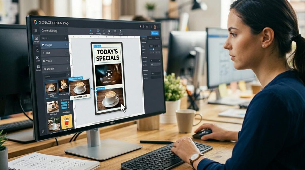 The Best Digital Signage Software in 2026: Features & Use Cases 1 (A close-up view of a user designing a digital signage layout on a computer screen using a drag-and-drop interface, arranging images, text blocks, and video elements into a structured display template.)digital signage software