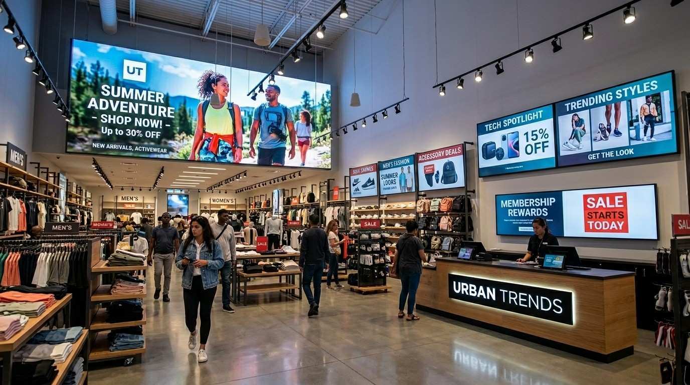 Modern UK retail store interior with digital signage display screens showing dynamic promotional content and video advertising for customers”.