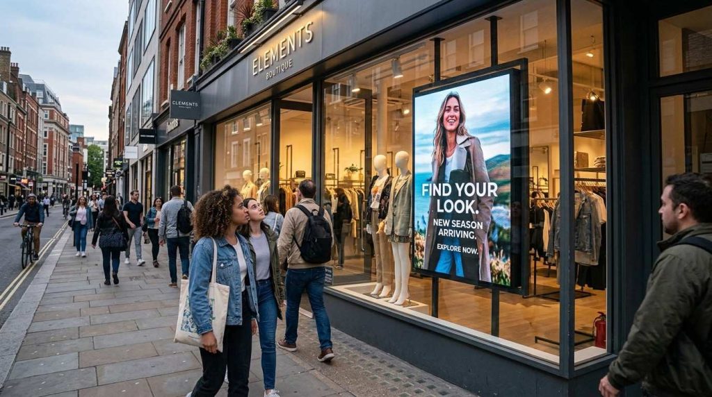 Why More UK Businesses Are Shifting Towards Digital Signage 5 Large portrait digital signage screen mounted in a shop window, visible to pedestrians and enhancing customer engagement.