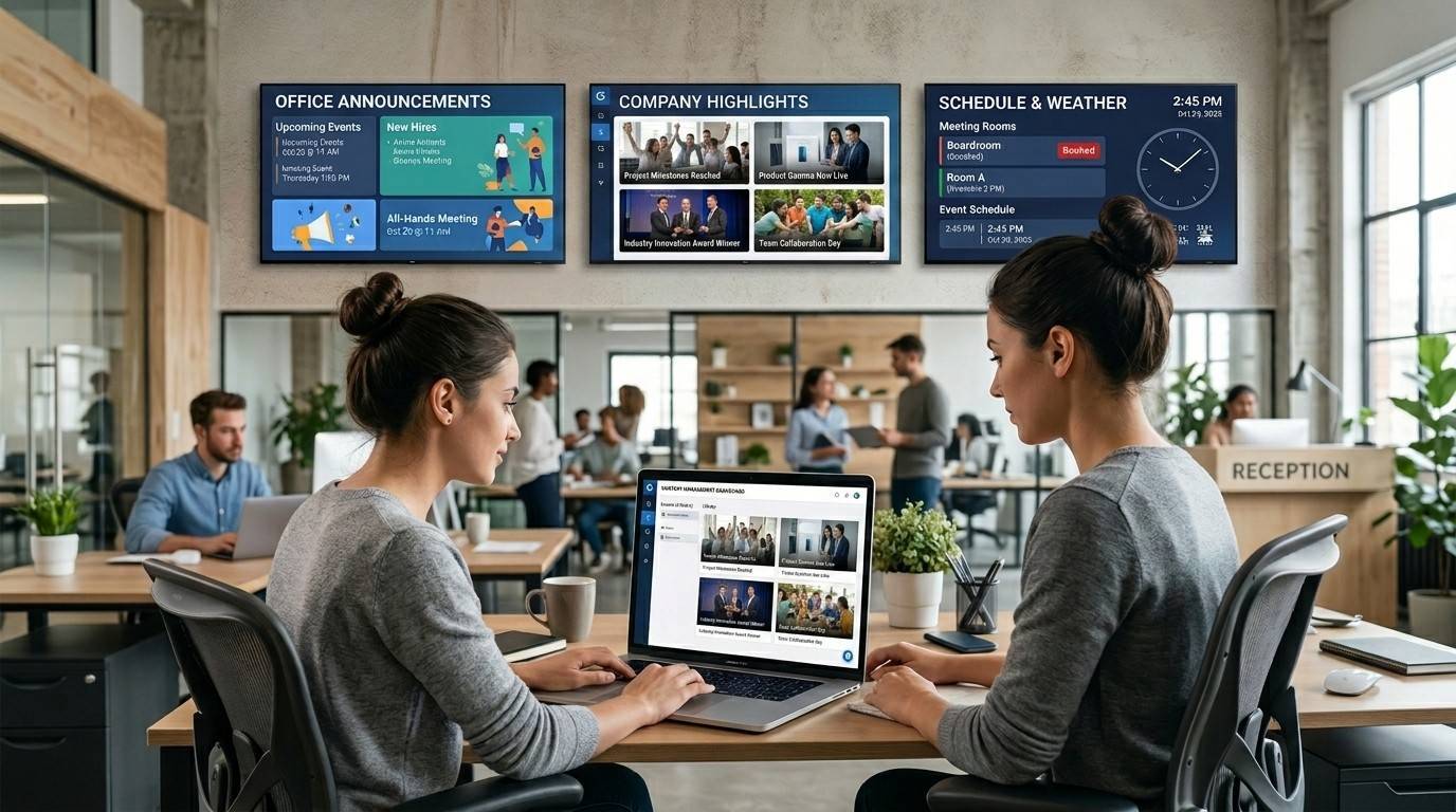 A modern office environment showing multiple digital screens mounted on a wall displaying dynamic content with a content management dashboard open on a laptop used to control the displays.