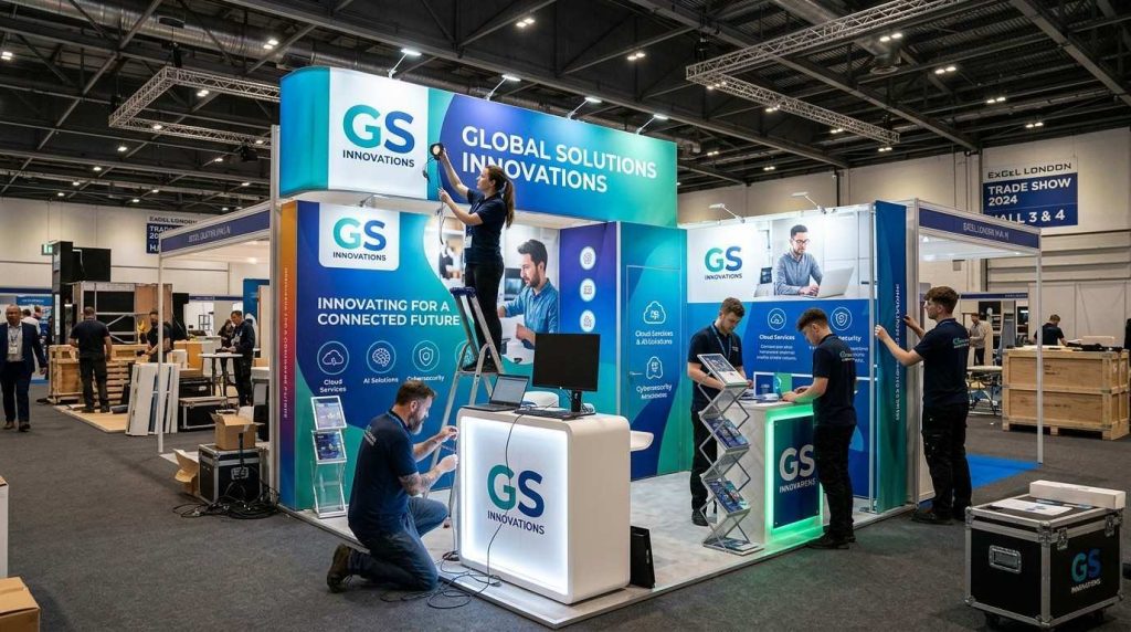 Ultimate Checklist for Planning Your display stands for exhibitions 4 Business team setting up display stands for exhibitions at a UK trade show venue with branded exhibition stand graphics and lighting.