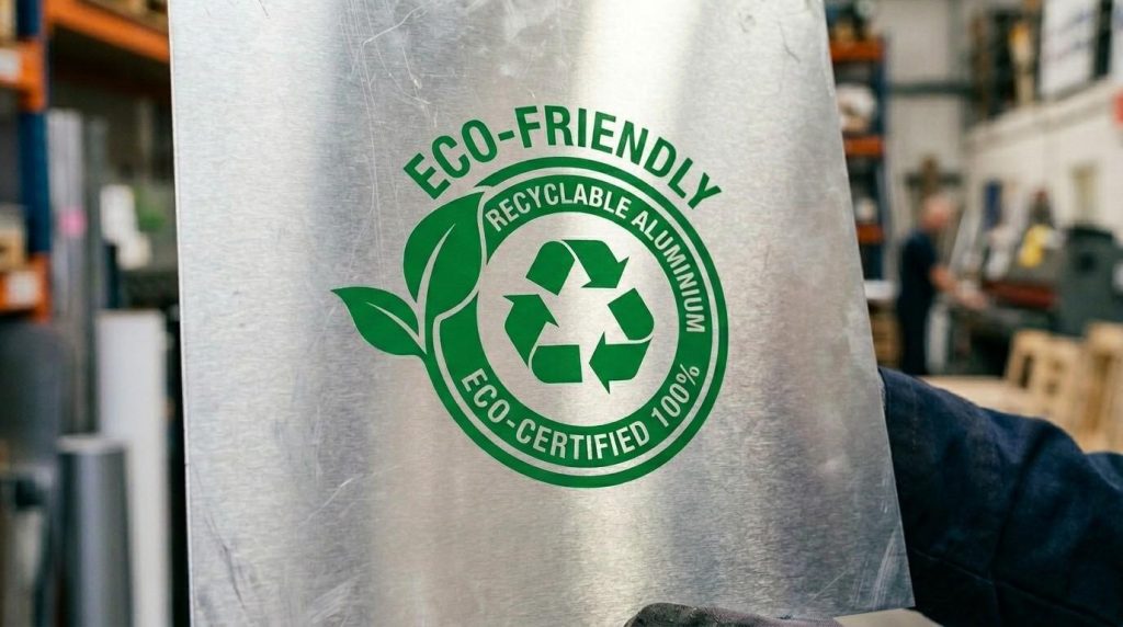 The Future of Sign Print: Innovations in Materials & Technology 1 Eco-friendly aluminium outdoor sign with recyclable material symbol, representing sustainable and durable signage options for businesses.