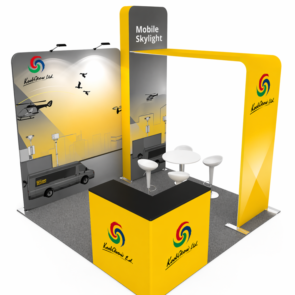 Mobile sight stand featuring a striking yellow and black design, ideal for showcasing information or products.
