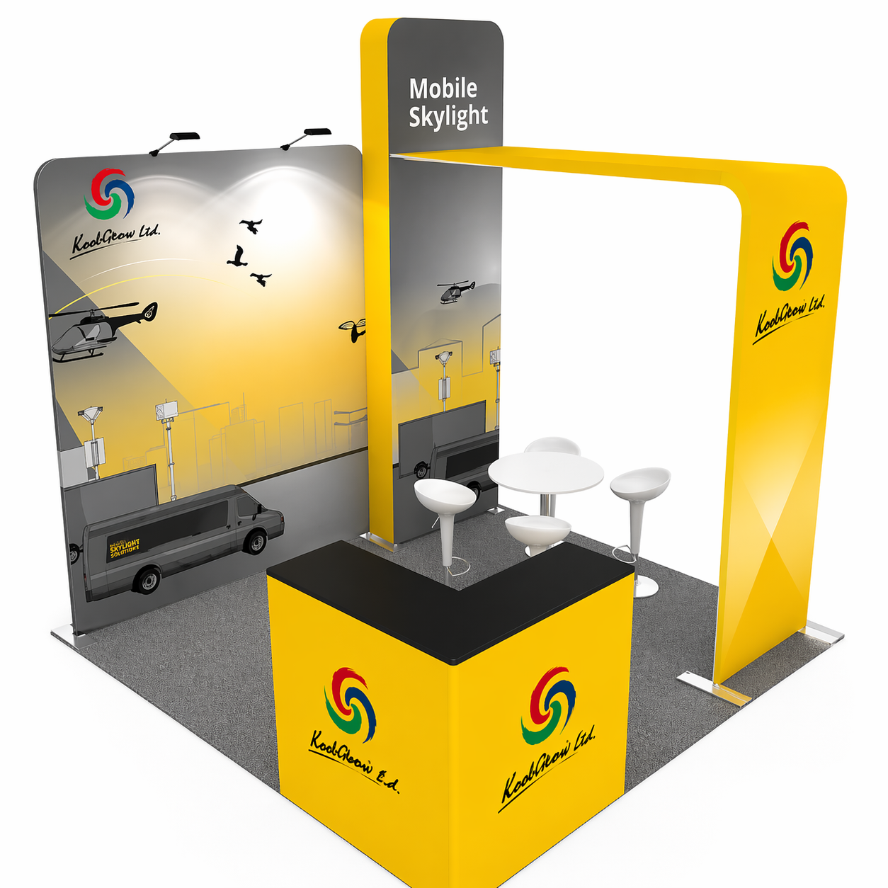 Mobile sight stand featuring a striking yellow and black design, ideal for showcasing information or products.